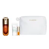 Set Clarins: Double Anti-Ageing Serum For Face, 50 ml + Cryo-Flash Firming &amp; Radiance Kreminis Mask For Face, 15 ml + Lip Confort Lip Oil 01 1.4 ml *Miniature + Clarins Zippered GWP Textile Pouch Baltas