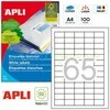 Lipnios etiketės Apli, A4, 38x21.2mm, 65 etiketės lape, 100 lapų, baltos spalvos
