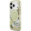Dėklas Guess IML Glitter Flowers Triangle MagSafe skirtas Apple iPhone 17 Pro Max žalios spalvos