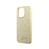 GUESS dėklas skirtas Apple iPhone 14 Pro GUHCP14LHGGSHD (Glitter Flakes Script Metal Logo) aukso spalvos