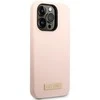 Guess telefono dėklas iPhone 14 Pro Max 6,7 GUHMP14XSBPLP rožinė hard telefono dėklas Liquid Silikoninis Logo Plate MagSafe