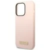 Guess telefono dėklas iPhone 14 Pro Max 6,7 GUHMP14XSBPLP rožinė hard telefono dėklas Liquid Silikoninis Logo Plate MagSafe