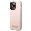 Guess telefono dėklas iPhone 14 Pro Max 6,7 GUHMP14XSBPLP rožinė hard telefono dėklas Liquid Silikoninis Logo Plate MagSafe
