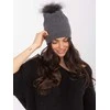 Wool Fashion Italia Pilka kepurė su kailiniu bumbulu: Dydis - Universalus