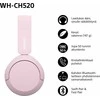 Belaidės Ausinės Sony WH-CH520L, Rožinės