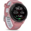 Išmanusis laikrodis Garmin Forerunner 265S. Juodas apvadas su šviesiai rausvu korpusu ir šviesiai rausvos ir pilkšvos spalvos silikoniniu dirželiu