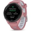 Išmanusis laikrodis Garmin Forerunner 265S. Juodas apvadas su šviesiai rausvu korpusu ir šviesiai rausvos ir pilkšvos spalvos silikoniniu dirželiu