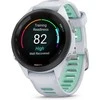 Išmanusis laikrodis Garmin Forerunner 265S. Juodas apvadas su baltojo akmens spalvos korpusu ir baltojo akmens bei žalsvos spalvos silikoniniu dirželiu