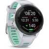 Išmanusis laikrodis Garmin Forerunner 265S. Juodas apvadas su baltojo akmens spalvos korpusu ir baltojo akmens bei žalsvos spalvos silikoniniu dirželiu