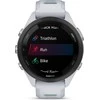 Išmanusis laikrodis Garmin Forerunner 265S. Juodas apvadas su baltojo akmens spalvos korpusu ir baltojo akmens bei žalsvos spalvos silikoniniu dirželiu