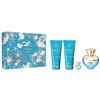 Versace „Dylan Turquoise“ rinkinys: 100 ml purškiamas tualetinis vanduo + 100 ml dušo želė + 100 ml kvapnus kūno gelis + 5 ml mini tualetinis vanduo