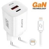 ALIGATOR išmanusis tinklo įkroviklis GaN, PD 33W, USB-A + USB-C, Lightning laidas, baltas