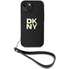 DKNY PU Leather Stack Logo Wrist Strap dėklas telefonui Apple iPhone 13 juodos spalvos