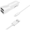 Rinkinys FIXED automobilinis įkroviklis su 2xUSB išėjimais ir USB/Lightning laidu, 1 metras, MFI, 15W išmanusis greitasis įkrovimas, balta