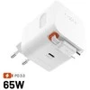 Fixed FIKSUOTAS GaN tinklo įkroviklis su 2xUSB-C palaikymu PD 3.0 su savaime susivyniojančiu laidu 65W baltas