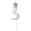 PartyDeco Žvakutė Skaičius su karūna, žydra 9,5cm, Skaičius: 3