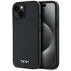 DKNY PU Leather Sidabrinis Metal Logo Magsafe dėklas telefonui Apple iPhone 15 juodos spalvos