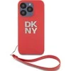DKNY PU Leather Stack Logo Wrist Strap dėklas telefonui Apple iPhone 14 Pro raudonos spalvos