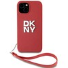 DKNY PU Leather Stack Logo Wrist Strap dėklas telefonui Apple iPhone 15 raudonos spalvos