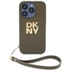 DKNY PU Leather Stack Logo Wrist Strap dėklas telefonui Apple iPhone 15 Pro rudos spalvos
