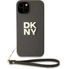 DKNY PU Leather Stack Logo Wrist Strap dėklas telefonui Apple iPhone 13 rudos spalvos