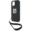 DKNY PU Leather Stack Logo Wrist Strap dėklas telefonui Apple iPhone 13 juodos spalvos