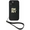 DKNY PU Leather Stack Logo Wrist Strap dėklas telefonui Apple iPhone 13 juodos spalvos