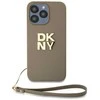 DKNY PU Leather Stack Logo Wrist Strap dėklas telefonui Apple iPhone 14 Pro Max rusvai gelsvas