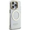 Guess IML Gold Outline Stand Camera Frame MagSafe dėklas skirtas Apple iPhone 15 Pro skaidrus