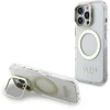 Guess IML Gold Outline Stand Camera Frame MagSafe dėklas skirtas Apple iPhone 16 Pro Max skaidrus