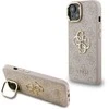 Guess PU 4G Metal Logo Stand Camera Frame dėklas skirtas Apple iPhone 15 rožinės spalvos