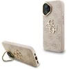 Guess PU 4G Metal Logo Stand Camera Frame dėklas skirtas Apple iPhone 16 rožinės spalvos