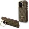 Guess PU 4G Strass Triangle Logo Stand Camera Frame MagSafe dėklas skirtas Apple iPhone 15 Pro Max rudos spalvos