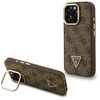 Guess PU 4G Strass Triangle Logo Stand Camera Frame MagSafe dėklas skirtas Apple iPhone 16 Pro rudos spalvos
