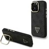 Guess PU 4G Strass Triangle Logo Stand Camera Frame MagSafe dėklas skirtas Apple iPhone 15 Pro Max juodos spalvos