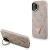 Guess PU 4G Strass Triangle Logo Stand Camera Frame MagSafe dėklas skirtas Apple iPhone 16 rožinės spalvos