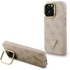 Guess PU 4G Strass Triangle Logo Stand Camera Frame MagSafe dėklas skirtas Apple iPhone 15 Pro Max rožinės spalvos