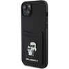 Apple iPhone 15 Karl Lagerfeld dėklas Saffiano Cardslot Karl&amp;Choupette Metal Pin (KLHCP15SSAPKCNPK) juodos spalvos