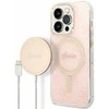 Guess Rinkinys GUBPP14LH4EACSP Dėklas+ Įkroviklis Apple iPhone 14 Pro 6,1″ rožinės spalvos kietas dėklas 4G Print MagSafe