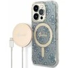 Guess Rinkinys GUBPP14LH4EACSB Dėklas+ Įkroviklis Apple iPhone 14 Pro 6,1″ mėlynas kietas dėklas 4G Print MagSa