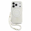 Dėklas Guess IML Flowers Allover Electroplated with Pearl Strap MagSafe, skirtas iPhone 18 Pro / 17 Pro, baltas