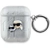 Karl Lagerfeld PU Embossed Karl and Choupette Heads dėklas ausinėms AirPods 1/2 sidabrinės spalvos