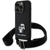 Karl Lagerfeld Saffiano Crossbody Strap Metal Karl and Choupette dėklas telefonui Apple iPhone 15 Pro juodos spalvos