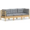 Trivietė sodo sofa su pilkomis pagalvėlėmis, pušies masyvas
