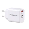 Tellur dviejų prievadų sieninis įkroviklis PDHC PD 20W + QC3,0 18W Baltas
