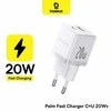 Baseus Sieninis įkroviklis Palm 20W USB + USB-C QC3.0 PD3.0 su USB-C kabeliu 1m, baltas
