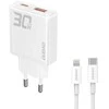 GaN Dudao A30EUL 30W USB-A / USB-C laidinis įkroviklis + USB-C – Lightning kabelis – baltos spalvos