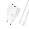 Dudao A27TCEU PD 30W GaN USB-A USB-C sieninis įkroviklis su USB-C laidu - Baltas