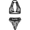 Leg Avenue Set Velvet Trim Lace Halter Top &amp; High Waist Thong Juodas M/L