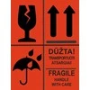 Informacinis lipdukas siunčiamų prekių pakuotės ženklinimui DŪŽTA/FRAGILE, SAUGOTI NUO DRĖGMĖS, NEVARTYTI, 75x100mm, 50 vnt., raudonos sp.
